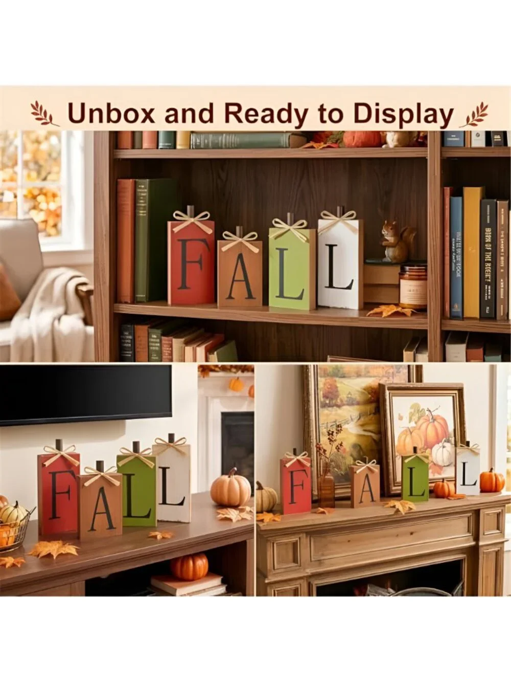 Fall Decorations for Home, Fall Decor - 4Pcs Vintage Wooden Autumn